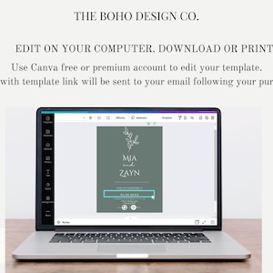 May include: A laptop screen displaying a Canva design template for a wedding invitation. The template features a green background with a simple floral design and the text "MIA and ZAYN".