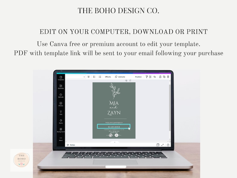 May include: A laptop screen displaying a Canva design template for a wedding invitation. The template features a green background with a simple floral design and the text "MIA and ZAYN".