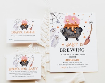 EDITABLE A Baby is Brewing Decorations Halloween Baby Shower Invitation Bundle Spooky Baby Shower Invite Halloween DIY Diaper Books Template