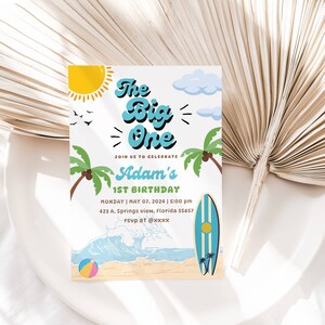 EDITABLE Boy The Big One Surfing 1st Birthday Party Invitation, Vintage Retro Boy Surf Surfboard Beach Party Invite Instant Download DIY