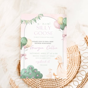 EDITABLE Silly Goose Baby Shower Invitation, Mother Goose and Gosling Baby Shower Invite,  Gender Neutral Baby Shower Template, Gingham DIY