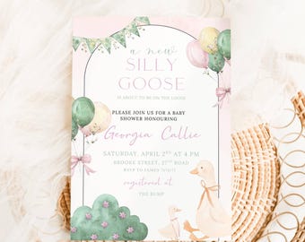 編集可能な「Silly Goose」ベビーシャワー招待状、マザーグースとガチョウの赤ちゃんのベビーシャワー招待状、性別を問わないベビーシャワーテンプレート、ギンガムチェックDIY