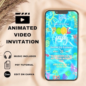 EDITABLE Blue Pool Party Birthday Invitation Video, Neon Beach Theme Tropical Summer Invite For Teens, Kids Adults, Electronic Mobile DIY