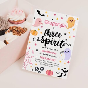 EDITABLE Three Spirit Halloween Ghost 3rd Birthday Party Invitation Cute Pink Ghost 3rd Birthday Spooktacular Party Instant Download DIY
