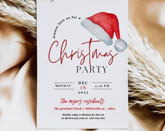 Pode incluir: Cartão de convite branco com um gorro de Papai Noel em aquarela e as palavras "Christmas Party" em escrita vermelha. O cartão inclui a data, a hora e os detalhes do local do evento.