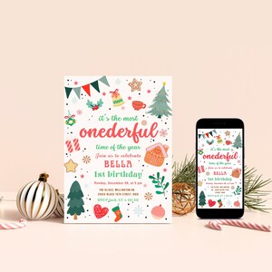 Editable It&#39;s The Most ONEderful Time Of The Year Birthday Invitation Christmas Red Green Girl 1st Birthday Party Instant Download DIY Evite
