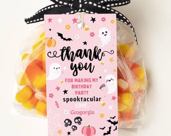 EDITABLE Halloween Birthday Thank You Favor Tags Costume Party Girl Pink Spooktacular Ghost Party Cute Ghost Download Printable Template DIY