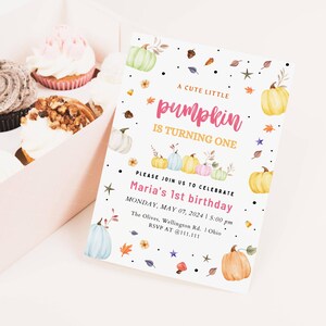 EDITABLE Pink Pumpkin First Birthday Invitation, Our little Pumpkin is Turning One, Girl Fall First Birthday Party, Instant Download DIY