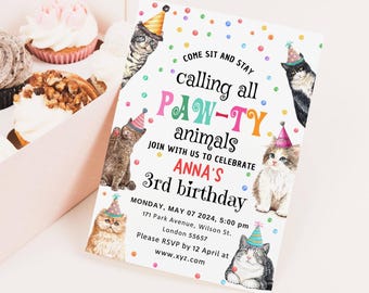 EDITABLE Cat Birthday Invitation Girl 1st Birthday Party Invite, Pink Kitty Cat Party Animals Invitation, Let's Pawty Instant Download DIY