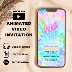 EDITABLE Blue Pool Party Birthday Invitation Video, Neon Beach Theme Tropical Summer Invite For Teens, Kids Adults, Electronic Mobile DIY