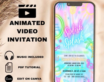 EDITABLE Blue Pool Party Birthday Invitation Video, Neon Beach Theme Tropical Summer Invite For Teens, Kids Adults, Electronic Mobile DIY