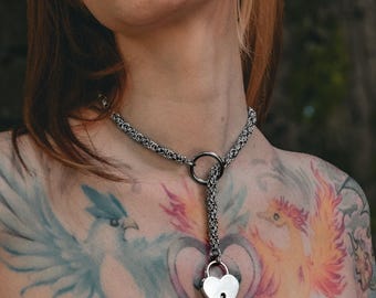 Baby Byzantine Chainmail O Ring Slip Chain Choker Necklace - Stainless Steel Gothic and Alternative Fashion | Kinky Heart Padlock Key Choker