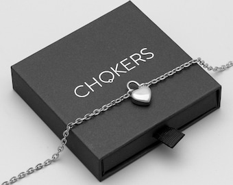 Plain Heart Pendant Day Collar on 3mm Cable Chain | Bondage Choker Silver Submissive Day Collar in Gift Box