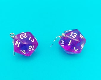 D20 Dice Earrings: Purple and White Icosahedron Dangle Earrings