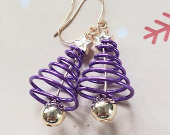 Purple Spiral Christmas Tree Earrings with Gold Star