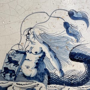 Antique Circa 1660 Delft Blue Tile - Mermaid holding Friesland Coat of Arms