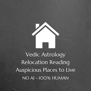 May include: A dark gray graphic featuring a white house icon above the text: Vedic Astrology Relocation Reading Auspicious Places to Live NO AI - 100% HUMAN. The design uses a clean, sans-serif font against a textured, solid dark gray background.