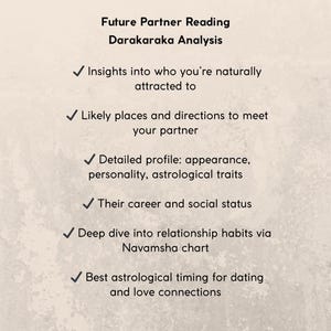 Peut inclure: Un graphique informatif beige intitul&eacute; Future Partner Reading Darakaraka Analysis. Il pr&eacute;sente six points avec des coches d&eacute;taillant les perspectives sur l'attirance, les lieux de rencontre, les profils, la carri&egrave;re, le statut social et les habitudes.