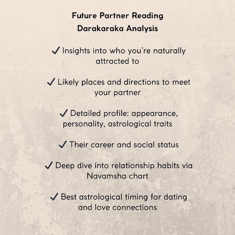 Peut inclure: Un graphique informatif beige intitul&eacute; Future Partner Reading Darakaraka Analysis. Il pr&eacute;sente six points avec des coches d&eacute;taillant les perspectives sur l'attirance, les lieux de rencontre, les profils, la carri&egrave;re, le statut social et les habitudes.