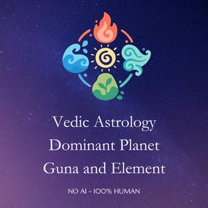 Pode incluir: Um design gráfico com um ícone de sol central rodeado por quatro símbolos elementares representando fogo, água, ar e terra. Abaixo, o texto diz: Vedic Astrology Dominant Planet Guna and Element, seguido por NO AI - 100% HUMAN.