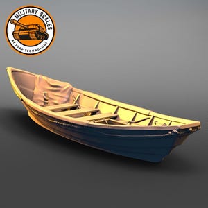 May include: A wooden rowing boat with a blue hull and a canvas cover. The boat has wooden oars and a rope tied around the bow.