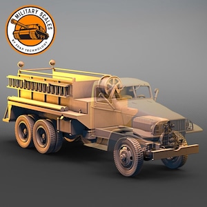 Könnte beinhalten: Ein beigefarbenes Modell eines militärischen Feuerwehrwagens mit einer Leiter auf der Rückseite. Der Wagen hat einen großen, schwarzen Kühlergrill und ein schwarzes Lenkrad. Der Wagen steht auf einem grauen Hintergrund.