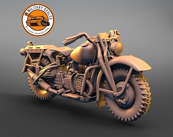 May include: A brown motorcycle with a sidecar, featuring a large front wheel and a detailed engine. The motorcycle is a model kit, with the text "MILITARY SCALES BY IDGF TECHNOLOGY" on a circular logo.