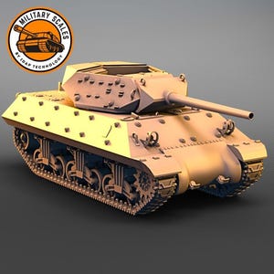 Puede incluir: Un modelo beige de un tanque militar con un diseño detallado. El tanque tiene un cañón largo y una torreta elevada. El tanque está sobre un fondo gris.