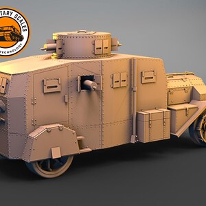May include: A tan armored car model with a rotating turret and a machine gun. The car has a boxy design with multiple windows and a rear door. The model is made of plastic and is detailed with rivets and other features. The model is labeled "Military Scales by 10x Technology".