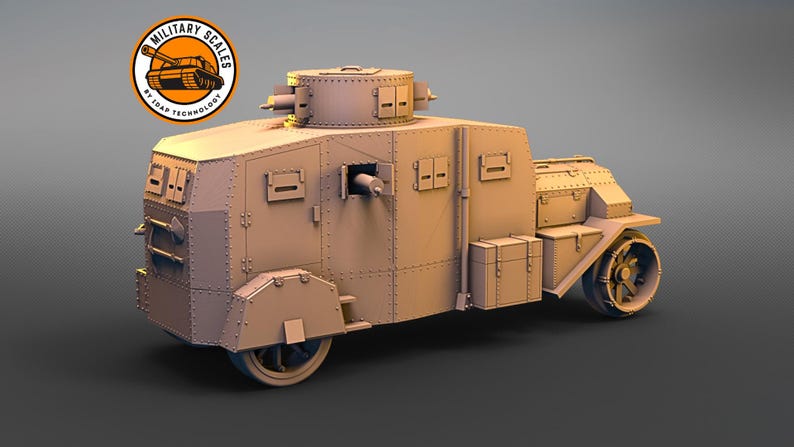 May include: A tan armored car model with a rotating turret and a machine gun. The car has a boxy design with multiple windows and a rear door. The model is made of plastic and is detailed with rivets and other features. The model is labeled "Military Scales by 10x Technology".