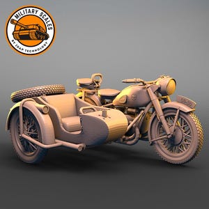 May include: A tan-coloured motorcycle with a sidecar. The motorcycle has a large headlight and a single seat. The sidecar is empty and has a tan-coloured interior.