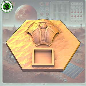 Puede incluir: Un tablero de juego hexagonal de color beige con una estructura en forma de cúpula elevada en el centro. La cúpula está hecha de un material marrón claro y tiene una superficie texturizada. Hay un área cuadrada hundida en el tablero debajo de la cúpula.