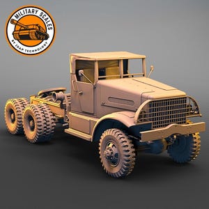 May include: A tan-coloured model of a military truck with a grill and a cab. The truck has large tyres and a flatbed.