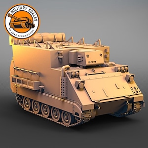 May include: A tan-colored military armored personnel carrier model kit. The model is detailed with a raised roof, a turret, and a track system. The model is made by Military Scales by IDGF Technology.