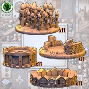 Op de afbeelding: Vier verschillende miniaturen voor terrein voor tabletop games. De stukken zijn gemaakt van bruin plastic en hebben verschillende ontwerpen, waaronder een maïsveld, een verwoest gebouw, een ronde muur en een ring van huizen. Elk stuk is gemarkeerd met "x11".