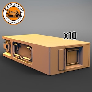 Puede incluir: Un conjunto de diez contenedores de plástico marrón con forma rectangular y una pequeña ventana en el lateral. Los contenedores están etiquetados con "x10".