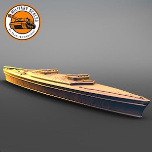 May include: A detailed model of a battleship, painted in a weathered brown and grey colour scheme. The model is made of plastic and is approximately 30 cm long.