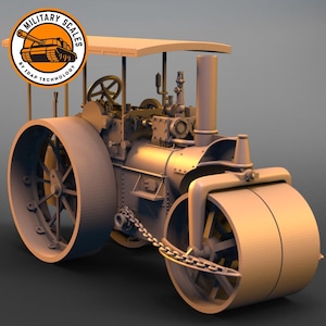May include: A brown, vintage-style steam roller with a canopy and a chain drive. The roller has two large wheels, one in the front and one in the back. The front wheel is smaller than the back wheel. The roller is on a gray background. The image includes the text "MILITARY SCALES BY IDGF TECHNOLOGY".