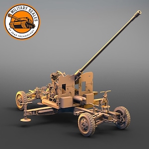 May include: A detailed model of a 37mm anti-tank gun on a wheeled carriage. The gun is raised and pointed to the right. The model is made of a light brown plastic and is mounted on a gray background.