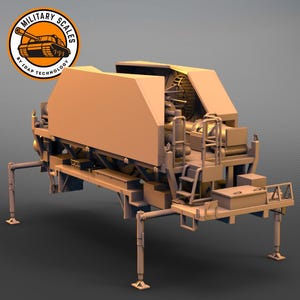 Może przedstawiać: Brązowy pojazd wojskowy z dużym, prostokątnym pudełkiem z tyłu. Pojazd ma cztery nogi, które wystają od dołu i drabinę z boku. Pojazd jest oznaczony jako "Military Scales by IDGF Technology".