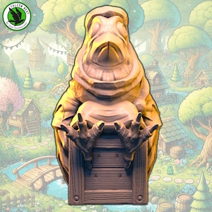 May include: A beige, 3D printed figurine of a bird-like creature with a large beak and closed eyes. The creature is sitting on a wooden box with a closed lid. The figurine is set against a cartoon background of a forest.