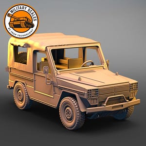 May include: A tan-coloured, military-style jeep with a canvas top and a black grille. The jeep has a spare tyre mounted on the back and a black bumper.