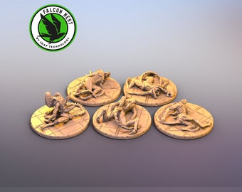 May include: Five unpainted, detailed miniature figures of alien creatures in various poses, each on a round base with a textured surface. The figures are made of a light brown plastic material.