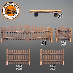 Könnte beinhalten: Ein Satz aus Holzlatten für den Modellbau. Das Set enthält zwei kurze Zäune, zwei lange Zäune, ein Tor und eine Bank. Die Teile sind unbemalt und bereit zum Zusammenbauen.