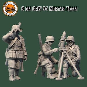 May include: A detailed model of a mortar team, featuring three figures in military uniforms. One figure is using binoculars, while the other two are operating the mortar. The text "8 CM GRW 34 MORTAR TEAM" is displayed above the figures.