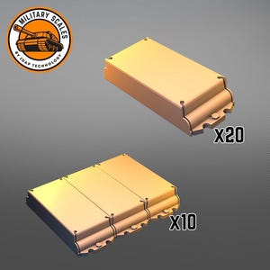 Könnte beinhalten: Zwei Sätze rechteckiger, brauner Plastikboxen. Der größere Satz hat 20 Boxen und der kleinere Satz hat 10 Boxen. Die Boxen sind mit "x20" und "x10" beschriftet.