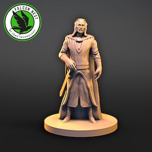 Peut inclure: Une figurine miniature imprimée en 3D d'une personne portant une longue robe et tenant une épée. La figurine est peinte en brun clair et se tient sur une base ronde.
