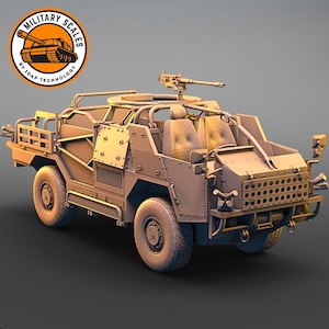 Puede incluir: Un modelo de vehículo militar de color beige con una ametralladora montada en la parte superior. El vehículo tiene una capota de lona y una jaula de seguridad. El modelo está hecho de plástico y está detallado con características realistas. El modelo está etiquetado como "Military Scales by IDGF Technology".