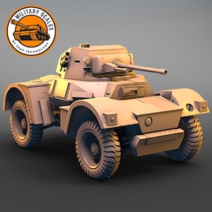 Può includere: Un modello di auto blindata beige con una torretta girevole e un cannone. L'auto ha quattro ruote ed è su uno sfondo grigio. Il logo "Military Scales by 1064 Technology" è nell'angolo in alto a sinistra.