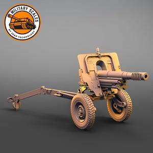 Puede incluir: Un modelo de metal marrón de un cañón antitanque de la Segunda Guerra Mundial sobre ruedas. El cañón está apuntando hacia la derecha y tiene un cañón largo. El modelo está sobre un fondo gris.